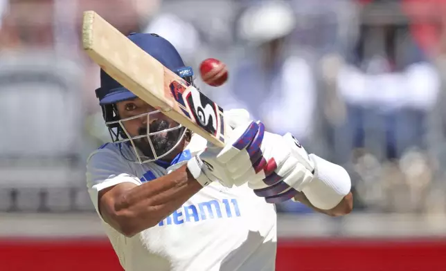 FILE - India's KL Rahul bats on the second day of the first cricket test between Australia and India in Perth, Australia, on Nov. 23, 2024. (AP Photo/Trevor Collens, File)