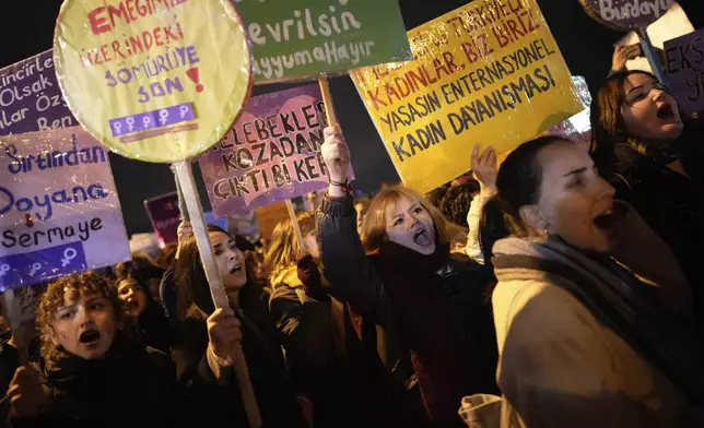 Women attend a protest marking the International Day for the Elimination of Violence Against Women, in Istanbul, Turkey, Monday, Nov. 25, 2024. (AP Photo/Emrah Gurel)