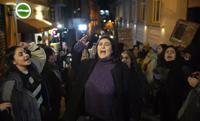 Women chant slogans during a protest marking the International Day for the Elimination of Violence Against Women, in Istanbul, Turkey, Monday, Nov. 25, 2024. (AP Photo/Emrah Gurel)