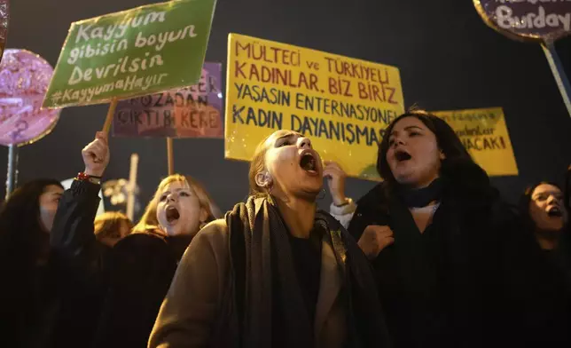 Women chant slogans during a protest marking the International Day for the Elimination of Violence Against Women, in Istanbul, Turkey, Monday, Nov. 25, 2024. (AP Photo/Emrah Gurel)