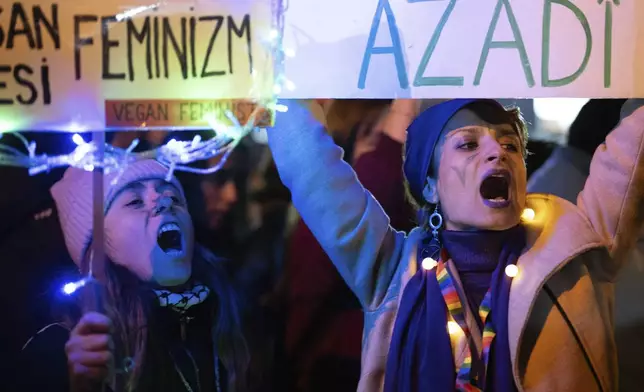 Women chant slogans during a protest marking the International Day for the Elimination of Violence Against Women, in Istanbul, Turkey, Monday, Nov. 25, 2024. (AP Photo/Emrah Gurel)