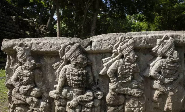 FILE - Altar Q that depicts 16 kings in the dynastic succession of the city is seen inside the archeological site of Copan, in Copan Ruinas, Honduras, Saturday, July 3, 2021. (AP Photo/Rodrigo Abd, File)