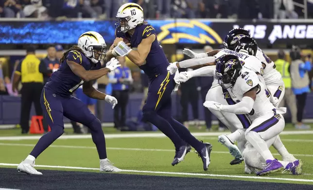 Los Angeles Chargers quarterback Justin Herbert (10) scores a rushing touchdown during the first half of an NFL football game against the Baltimore Ravens, Monday, Nov. 25, 2024, in Inglewood, Calif. (AP Photo/Ryan Sun)