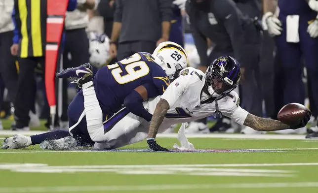 Baltimore Ravens wide receiver Rashod Bateman (7) reaches for a first down as Los Angeles Chargers cornerback Tarheeb Still (29) defends during the second half of an NFL football game Monday, Nov. 25, 2024, in Inglewood, Calif. (AP Photo/Ryan Sun)