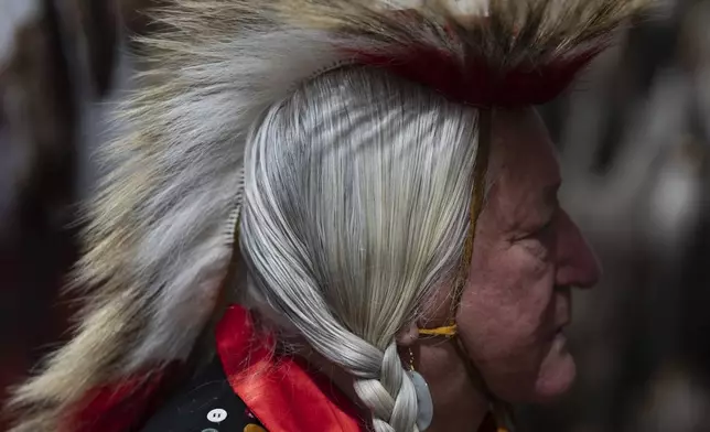 Stuart Whitehead dances during a powwow at Chinook Winds Casino Resort, Saturday, Nov. 16, 2024, in Lincoln City, Ore. (AP Photo/Jenny Kane)