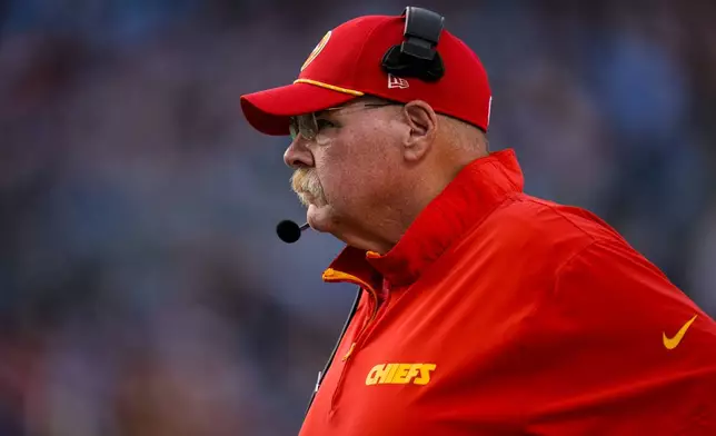 Kansas City Chiefs head coach Andy Reid watches play against the Carolina Panthers during the second half of an NFL football game, Sunday, Nov. 24, 2024, in Charlotte, N.C. (AP Photo/Rusty Jones)