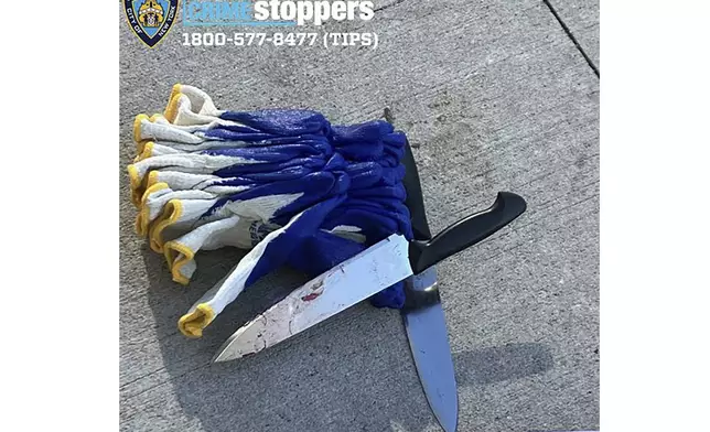 This image released by the New York City Police Department shows a knife that was recovered at a stabbing in New York, Monday Nov. 18, 2024. (New York City Police Department via AP)