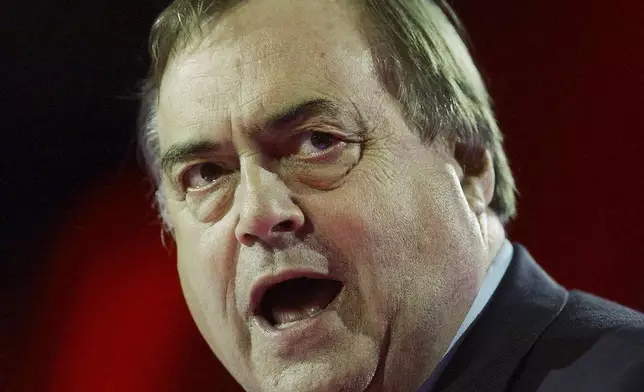 FILE -Britain's Deputy Prime Minister John Prescott as he speaks to delegates at the Labour Party annual conference in Brighton, England, Sept. 26, 2004. (AP Photo/Richard Lewis, File)