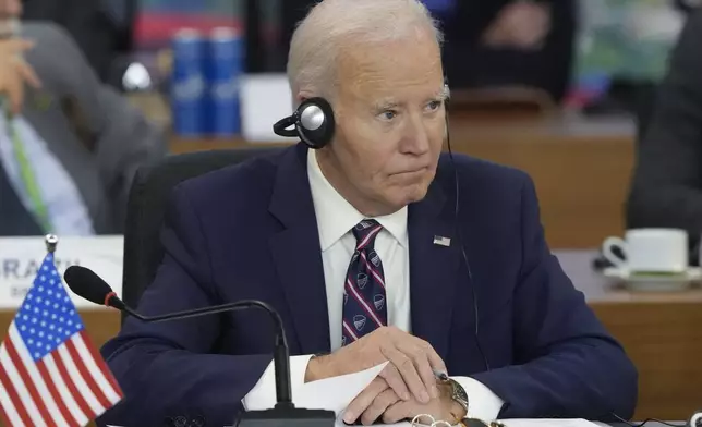 U.S. President Joe Biden attends the G20 Summit leaders meeting in Rio de Janeiro, Tuesday, Nov. 19, 2024. (AP Photo/Eraldo Peres)