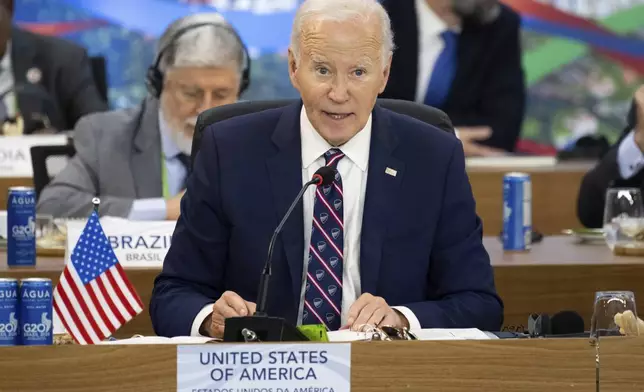 President Joe Biden speaks during the second day of the G20 Summit at the Museum of Modern Art in Rio De Janeiro, Brazil, Tuesday, Nov. 19, 2024. (Saul Loeb/via AP, Pool)