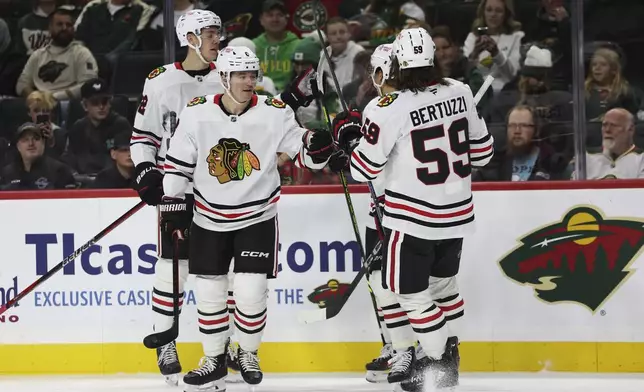 Chicago Blackhawks center Ryan Donato, front left, and left wing Tyler Bertuzzi (59) celebrate after their goal during the second period of an NHL hockey game against the Minnesota Wild, Friday, Nov. 29, 2024, in St. Paul, Minn. (AP Photo/Ellen Schmidt)