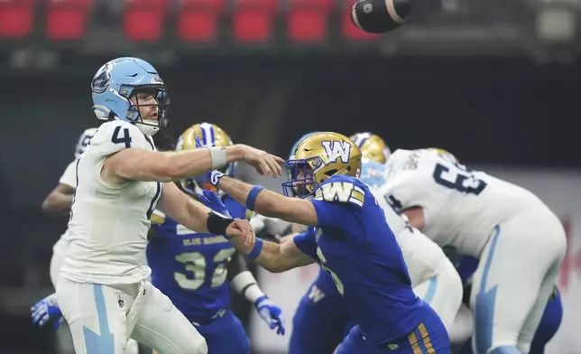 Toronto Argonauts quarterback Nick Arbuckle (4) passes against the Winnipeg Blue Bombers during the second half of a CFL football game at the 111th Grey Cup in Vancouver, British Columbia, Sunday, Nov. 17, 2024. (Nathan Denette/The Canadian Press via AP)