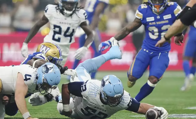 Toronto Argonauts' Peter Nicastro (52) recovers a fumble against the Toronto Argonauts during the second half of a CFL football game at the 111th Grey Cup in Vancouver, British Columbia, Sunday, Nov. 17, 2024. (Nathan Denette/The Canadian Press via AP)