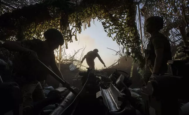 FILE - Ukrainian servicemen prepare towarda Wong fire towards Russian positions at the frontline in Donetsk region, Ukraine, Wednesday, August 21, 2024. (AP Photo/Evgeniy Maloletka, File)