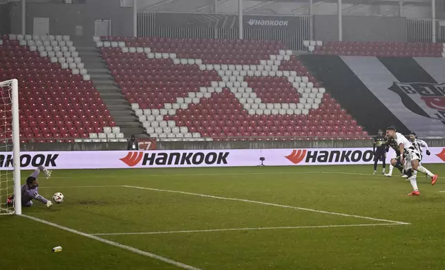 Besiktas' Ciro Immobile misses a penalty during the Europa League opening phase soccer match between Besiktas and Maccabi Tel Aviv, at the Nagyerdei Stadium in Debrecen, Hungary, Thursday, Nov. 28, 2024. (AP Photo/Denes Erdos)