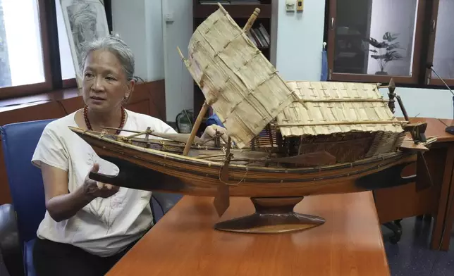 Narumon Arunotai, who works closely with the Moken and indigenous communities, speaks during an interview with The Associated Press, discussing the Kabang boat at Chualongkorn University in Bangkok, Thailand, Monday, Dec. 2, 2024. (AP Photo/Sakchai Lalit)