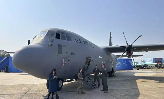 Military plane made by U.S.-firm Lockheed Martin at the Vietnam International Defense Expo held in Hanoi, Vietnam, Thursday, Dec.19, 2024. (AP Photo/Aniruddha Ghosal)