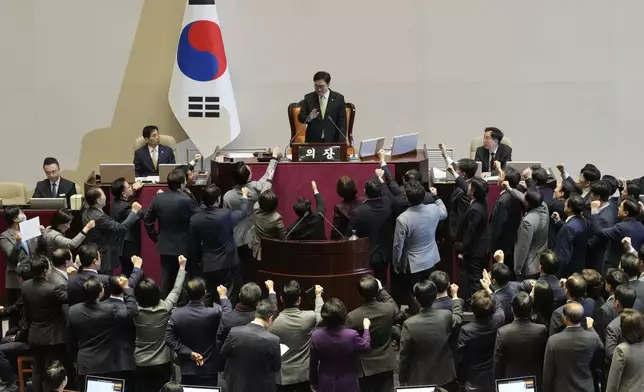 Lawmakers of the ruling People Power Party protest to South Korea's National Assembly Speaker Woo Won Shik, top center, during a plenary session for the impeachment motion against South Korean acting President Han Duck-soo at the National Assembly in Seoul, South Korea, Friday Dec. 27, 2024. (AP Photo/Ahn Young-joon)