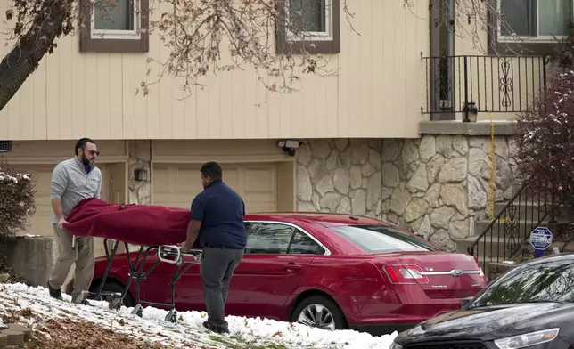 Workers carry a body from the home of former Kansas City, Kan. police detective Roger Golubski on Monday, Dec. 2, 2024, in Edwardsville, Kan. (AP Photo/Charlie Riedel)