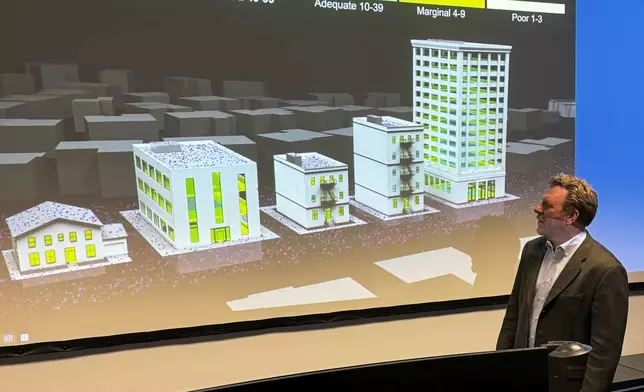 Brooke Buddemeier, a radiation safety specialist at Lawrence Livermore National Laboratory, stands in front of a screen showing the impact of a nuclear detonation on various buildings, in Livermore, Calif., on Aug. 22, 2024. (AP Photo/Terry Chea)