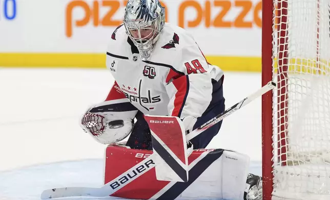 Washington Capitals goaltender Logan Thompson watches the puck during second-period NHL hockey game action against the Toronto Maple Leafs in Toronto, Saturday, Dec. 28, 2024. (Frank Gunn/The Canadian Press via AP)