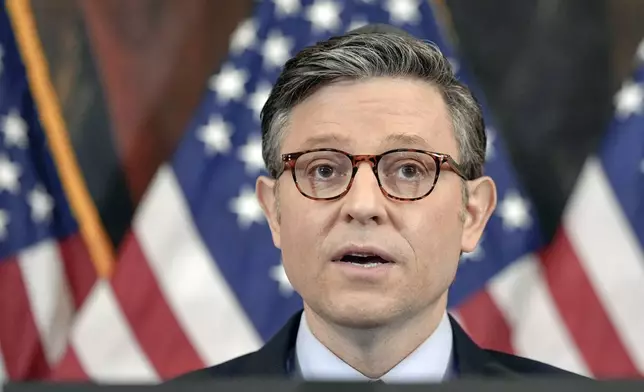 Speaker of the House Mike Johnson, R-La., talks during a U.S. Capitol Hanukkah event with a ceremonial Menorah lighting to commemorate the upcoming eight-day festival of Hanukkah on Capitol Hill Tuesday, Dec. 17, 2024, in Washington. (AP Photo/Mariam Zuhaib)