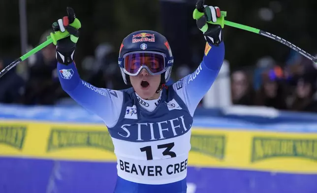 Italy's Sofia Goggia reacts after finishing a women's World Cup super-G ski race, Sunday, Dec. 15, 2024, in Beaver Creek, Colo. (AP Photo/John Locher)