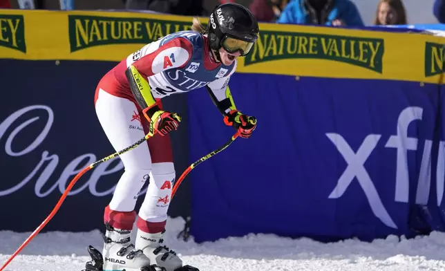 Austria's Ariane Raedler reacts after finishing a women's World Cup super-G ski race, Sunday, Dec. 15, 2024, in Beaver Creek, Colo. (AP Photo/John Locher)