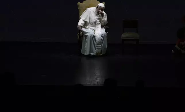 Pope Francis gestures during an annual gathering of pro-family organizations at the Auditorium della Conciliazione, in Rome, on May 10, 2024. (AP Photo/Alessandra Tarantino)