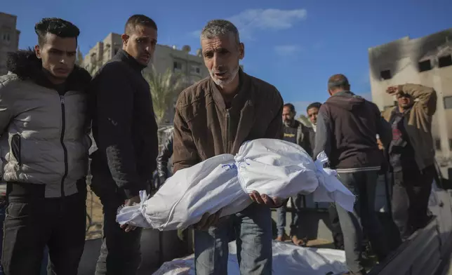 The body 18-month-old Sham Shurrab is carried by her uncle for burial in the aftermath of an Israeli airstrike at the Muwassi camp, outside the Nasser hospital in Khan Younis, southern Gaza Strip, Thursday, Dec. 5, 2024. Israeli airstrikes struck the camp for displaced Palestinians in southern Gaza on Wednesday, killing at least 21 people, according to the head of a nearby hospital. (AP Photo/Abdel Kareem Hana)