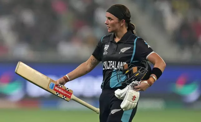 FILE - New Zealand's Amelia Kerr reacts as she leaves the field after losing her wicket during the ICC Women's T20 World Cup 2024 final match between New Zealand and South Africa at Dubai, United Arab Emirates, Sunday, Oct. 20, 2024. (AP Photo/Altaf Qadri, File)