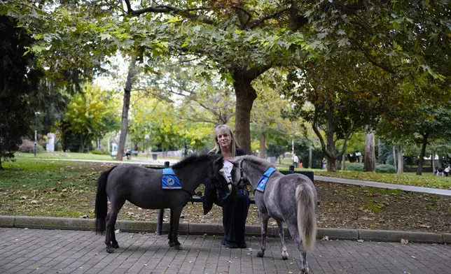 Founder of Gentle Carousel Greece Mina Karagianni, poses with Calypso, right, and Ivi miniature horses used for therapy programs, in Athens, Greece, on Thursday, Nov. 21, 2024. (AP Photo/Thanassis Stavrakis)