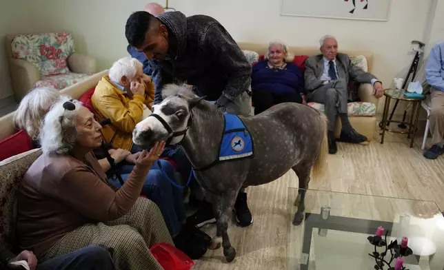 Stable worker Ali Hussein from Pakistan, 34, holds Calypso, a miniature horse used for therapy programs, during a visit at an elderly care home in Athens, Greece, on Friday, Nov. 22, 2024. (AP Photo/Thanassis Stavrakis)