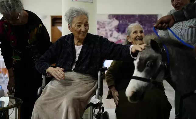 A resident of an elderly care home pats Calypso, a miniature horse used for therapy programs, in Athens, Greece, on Friday, Nov. 22, 2024. (AP Photo/Thanassis Stavrakis)