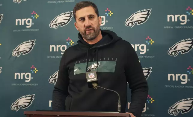 Philadelphia Eagles head coach Nick Sirianni speaks to members of the media after an NFL football game against the Washington Commanders, Sunday, Dec. 22, 2024, in Landover, Md. (AP Photo/Stephanie Scarbrough)