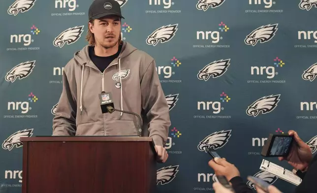 Philadelphia Eagles quarterback Kenny Pickett speaks to members of the media after an NFL football game against Washington Commanders, Sunday, Dec. 22, 2024, in Landover, Md. (AP Photo/Stephanie Scarbrough)