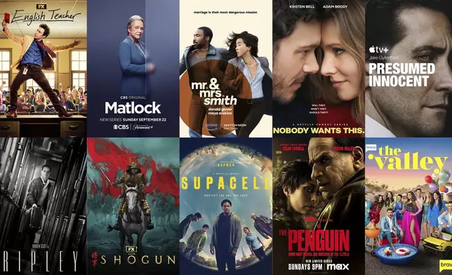 This combination of photos shows promotional art for TV series, top row from left, "English Teacher," "Matlock," "Mr. &amp; Mrs. Smith," "Nobody Wants This," and "Presumed Innocent," and bottom row from left, "Ripley," "Shogun," "Supacell," "The Penguin," and "The Valley." (FX/CBS/Amazon Prime/Netflix/Apple TV+/Nettflix/FX/Netflix/Max/Bravo via AP)