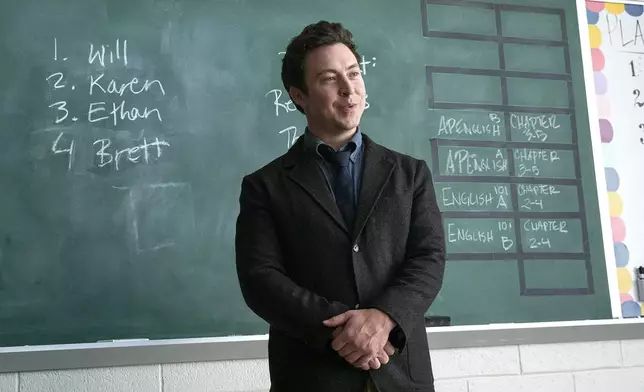 This image released by FX shows Brian Jordan Alvarez in a scene from "English Teacher." (Richard Ducree/FX via AP)