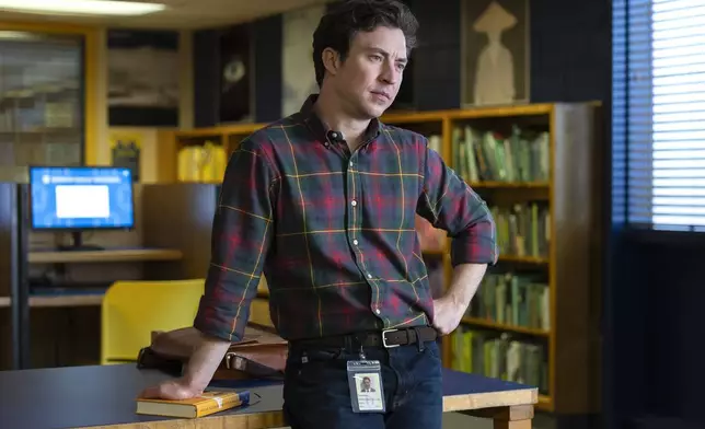 This image released by FX shows Brian Jordan Alvarez in a scene from "English Teacher." (Steve Swisher/FX via AP)