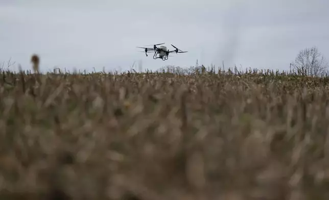 Russell Hedrick's DJI drone puts crop cover on his farm, Tuesday, Dec. 17, 2024, in Hickory, N.C. (AP Photo/Allison Joyce)