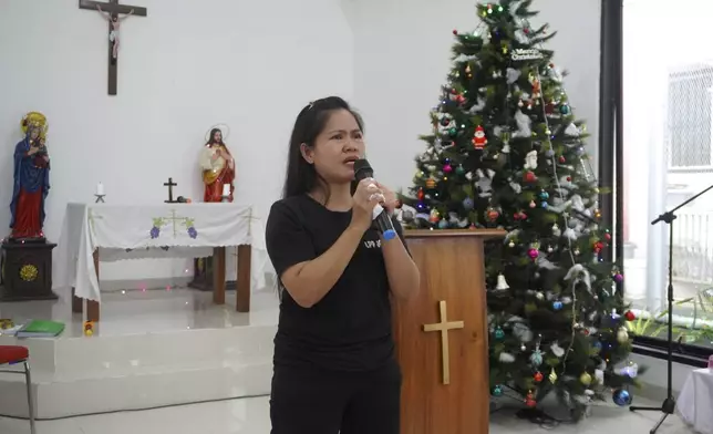 Filipino death-row drug convict Mary Jane Veloso speaks during a Christmas event at the Yogyakarta Women's Prison in Gunung Kidul, Indonesia, Tuesday, Dec. 10, 2024. (AP Photo/Slamet Riyadi)