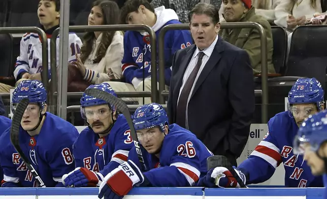 New York Rangers head coach Peter Laviolette looks on in the first period of an NHL hockey game against the Montreal Canadiens, Saturday, Nov. 30, 2024, in New York. (AP Photo/Adam Hunger)