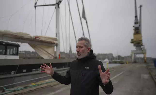 Grain de Sail general manager Jacques Barreau gestures during an interview with Associated Press, in Saint Malo, western France, Nov. 8, 2024. (AP Photo/Thibault Camus)