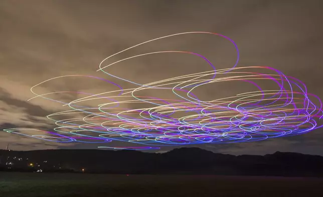 This handout photo long exposure shot shows the flight of a flock of autonomous drones during an experiment near Budapest, Hungary, Thursday, Oct. 21, 2021. (AP Photo/HO/Eotvos Lorand University)