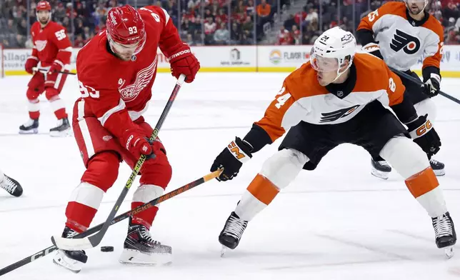 Philadelphia Flyers defenseman Nick Seeler (24) makes Detroit Red Wings right wing Alex DeBrincat (93) lose control of the puck during the first period of an NHL hockey game Wednesday, Dec. 18, 2024, in Detroit. (AP Photo/Duane Burleson)