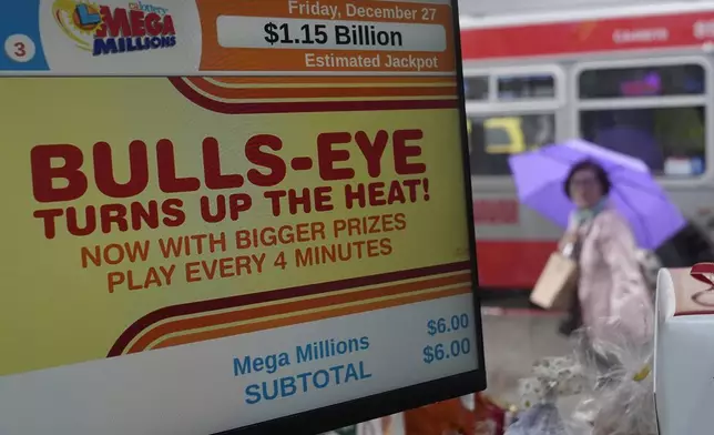 A pedestrian walks behind a sign advertising the estimated $1.15 billion Mega Millions jackpot at Rossi's Deli in San Francisco, Thursday, Dec. 26, 2024. (AP Photo/Jeff Chiu)