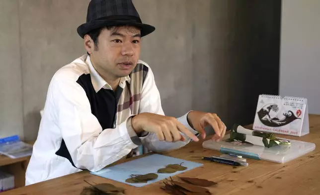 Japanese leaf-cutting artist, who goes by the name Lito, speaks during an interview in Tokyo Wednesday, Nov. 27, 2024. (AP Photo/Shuji Kajiyama)