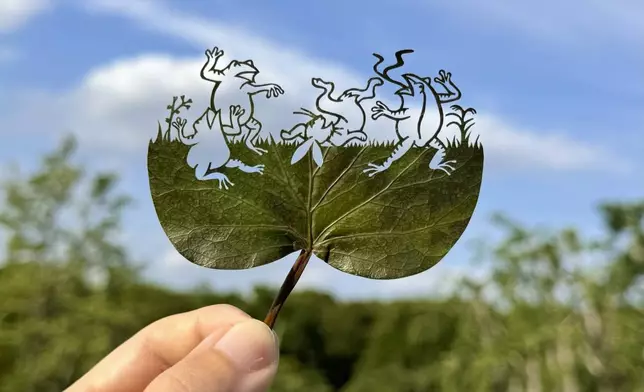 This undated photo provided by Japanese leaf-cutting artist, who goes by the name Lito, shows his work titled: "Choju Giga/Scrolls of Frolicking Animals." (Lito via AP)