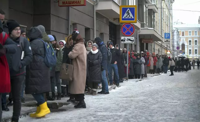 FILE - People line up in Moscow on Jan. 20, 2024, to sign petitions to support the candidacy of Boris Nadezhdin, a liberal Russian politician seeking to run in the presidential election. (AP Photo, File)