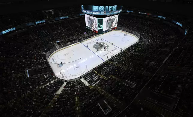 A general view as the San Jose Sharks play the Calgary Flames during the third period of an NHL hockey game Saturday, Dec. 28, 2024, in San Jose, Calif. (AP Photo/Eakin Howard)